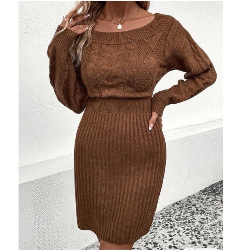 Brown High Waist Knit Sweater Dress - Picture 3 of 4